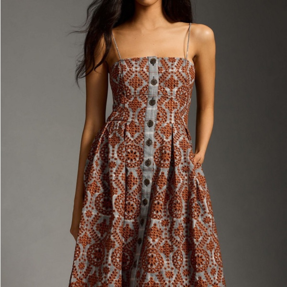 Strapless Spaghetti‑Strap Midi Dress in Rust Floral